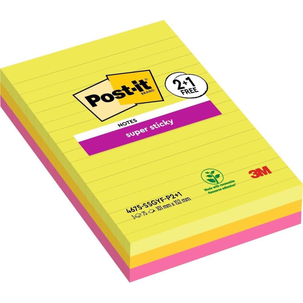 imagePostit Notes Autocollantes Super Sticky Grand Format XXL Lignes 101 mm x 152 mm Pack de 3 Blocs 75 Feuilles par Bloc Feuillets Super Adhsifs pour Prise de Notes Listes de Tches et Rappels101 x 152 mm
