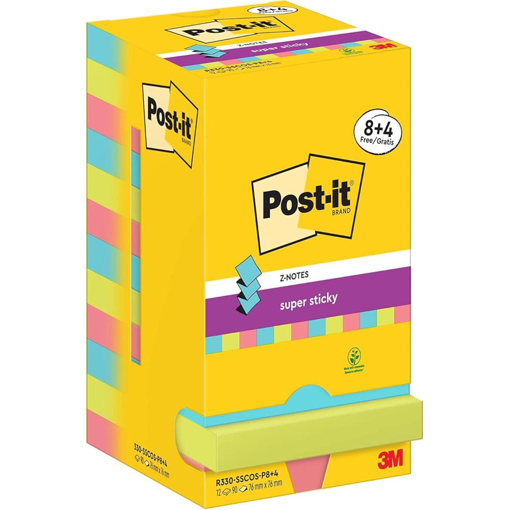 imagePostit ZNotes Autocollantes Super Sticky Pack de 16 Blocs 90 Feuilles par Bloc 76 mm x 76 mm Jaune Bleu Vert Rose Feuillets Super Adhsifs pour Prise de Notes Listes de Tches et RappelsBleu Vert Rose
