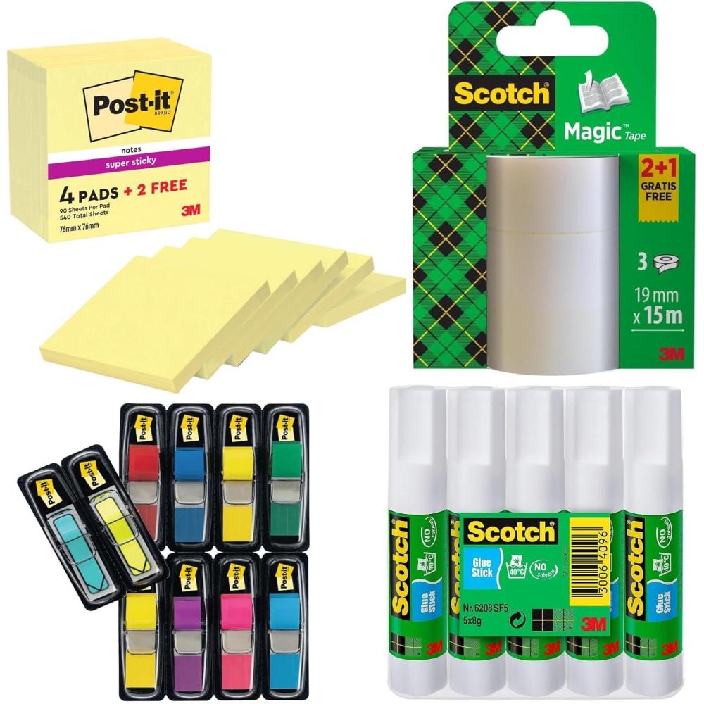imagePostit et Scotch Lot de 4 Produits 6 Blocs Notes Super Sticky 76x76 mm 328 MarquePages 3 Rubans Magic 19 mm x 15 m 5 Btons de Colle 8 g Pour Bureau cole tiquetage Organisation
