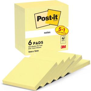 Post-it Notes Autocollantes, Pack Promo, Pack de 5 Blocs + 1 Gratuit, 100 Feuilles par Bloc, 76 mm x 76 mm, Jaune Pastel – Feuillets Adhésifs pour Prise de Notes, Listes de Tâches et Rappels(76 x 76 mm)