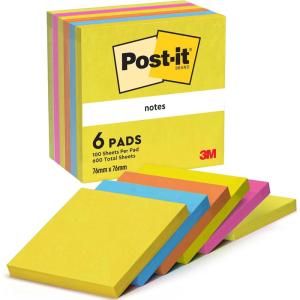 Post-it Notes Autocollantes, Pack de 6 Blocs, 76 mm x 76 mm, 100 Feuilles par Bloc, Bleu, Jaune, Orange, Rose, Vert – Feuillets Adhésifs pour Prise de Notes, Listes de Tâches et Rappels(Jaune)