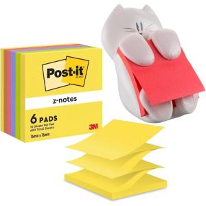 Post-it Z-Notes – Lot de 6 Blocs 76×76 mm + Dévidoir Chat avec 1 Bloc Rose 90 Feuilles – Notes Adhésives pour Bureau, Maison, Organisation, Une Seule Main