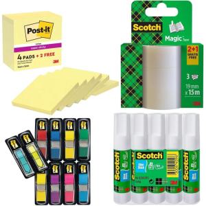 Post-it et Scotch – Lot de 4 Produits : 6 Blocs Notes Super Sticky 76×76 mm, 328 Marque-Pages, 3 Rubans Magic 19 mm x 15 m, 5 Bâtons de Colle 8 g – Pour Bureau, École, Étiquetage, Organisation