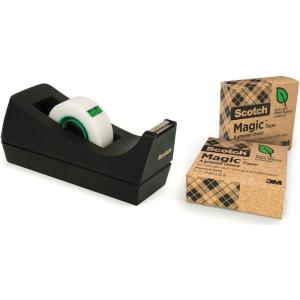 Scotch Distributeur de Ruban Adhésif Pondéré Rechargeable C60, Noir – 100 % recyclée avec 1 Rouleau de Ruban Scotch Magic « Un Choix Plus Vert », 19mm x 33m – Idéal pour le Bureau et la Maison(Unique)