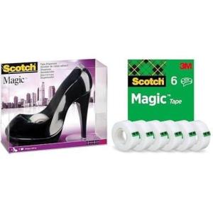Scotch Distributeur de Ruban Adhésif en forme de Chaussure Noire C30 + RubanScotch Magic, 1 Rouleau +Ruban Scotch Magic, 6 Rouleaux – Ruban Adhésif Polyvalent pour Réparation de Documents