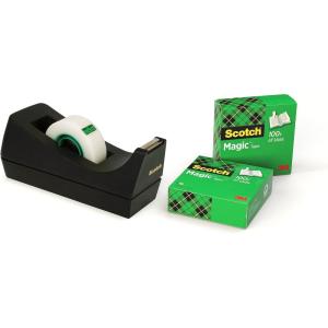 Scotch Dévidoir de Ruban Adhésif Rechargeable, Noir, avec 3 Rouleaux de Ruban Adhésif Scotch Magic, 19 mm x 33 mm – Idéal pour le Bureau et la Maison(Invisible)