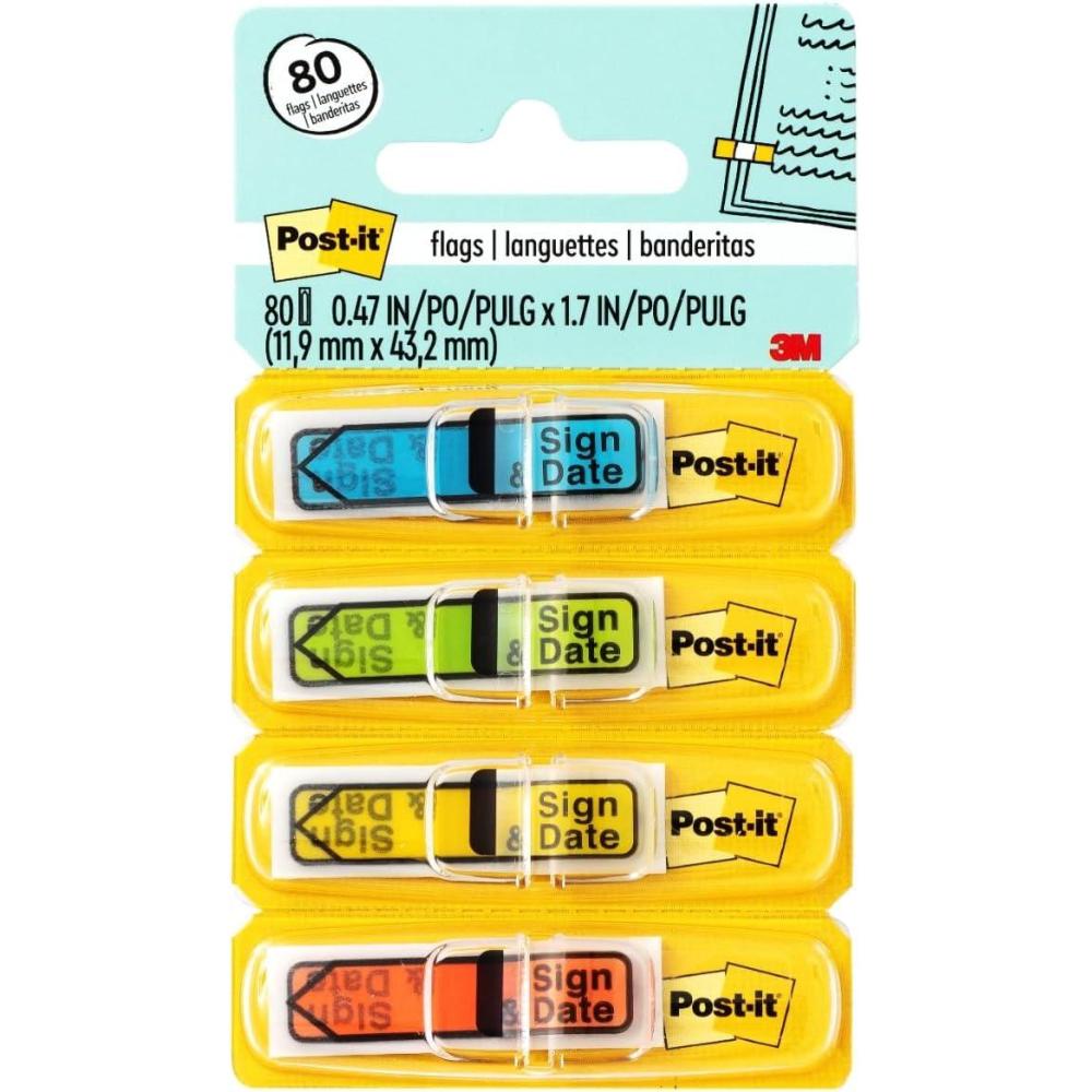 imagePostit MarquePages troits Pack de 4 Distributeurs 35 MarquePages par Distributeur 119 mm x 432 mm Jaune Violet Rose Bleu Couleur Pour Marquer Surligner ou Codifier des InformationsAssorted Primary Colors Sign and Date
