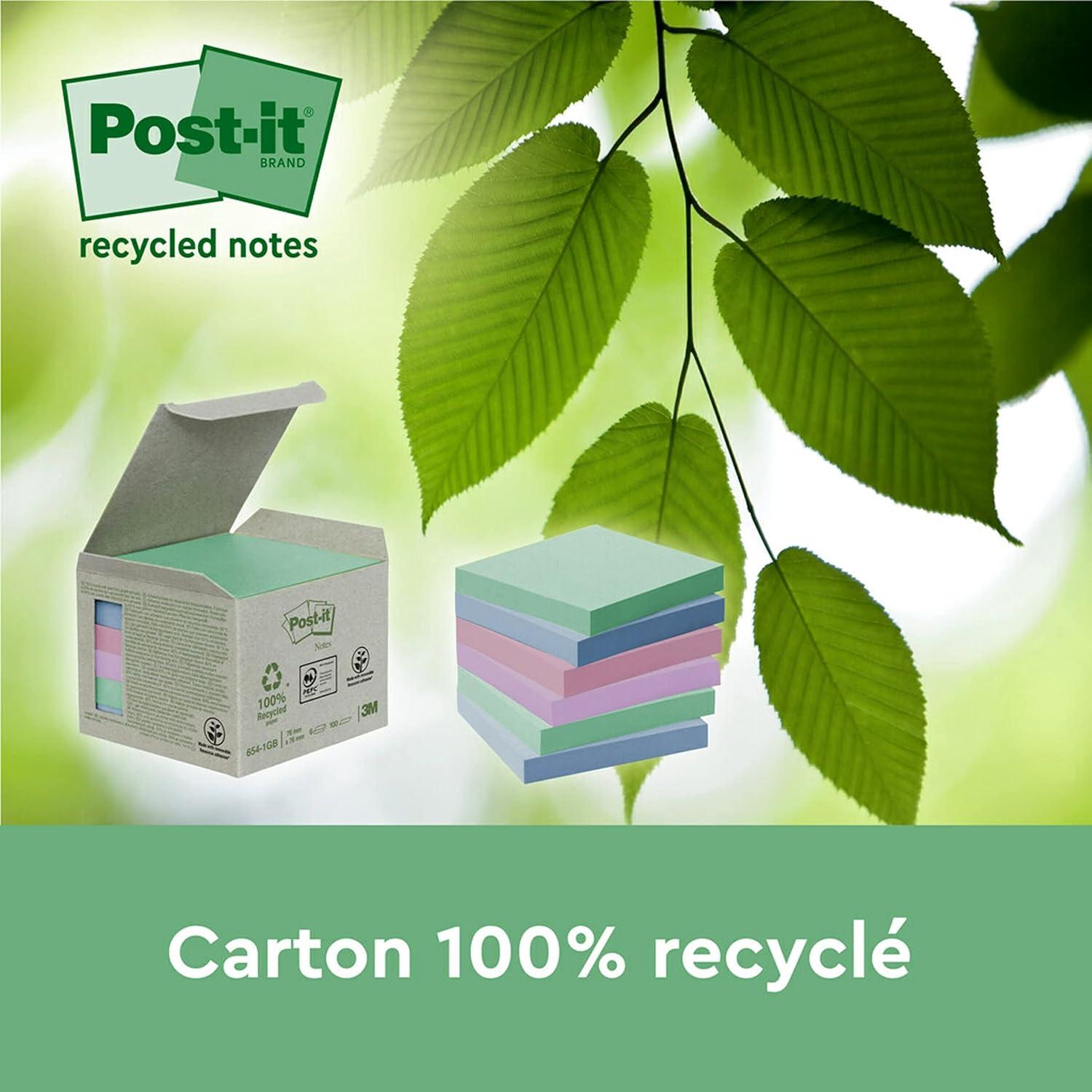 imagePostit Notes Autocollantes Super Sticky Recycls 14 Blocs 4 GRATUITS 70 Feuilles par Bloc 76 mm x 76 mm Notes Autocollantes Fabriques partir de Papier 100 Recyclcoloris assortis
