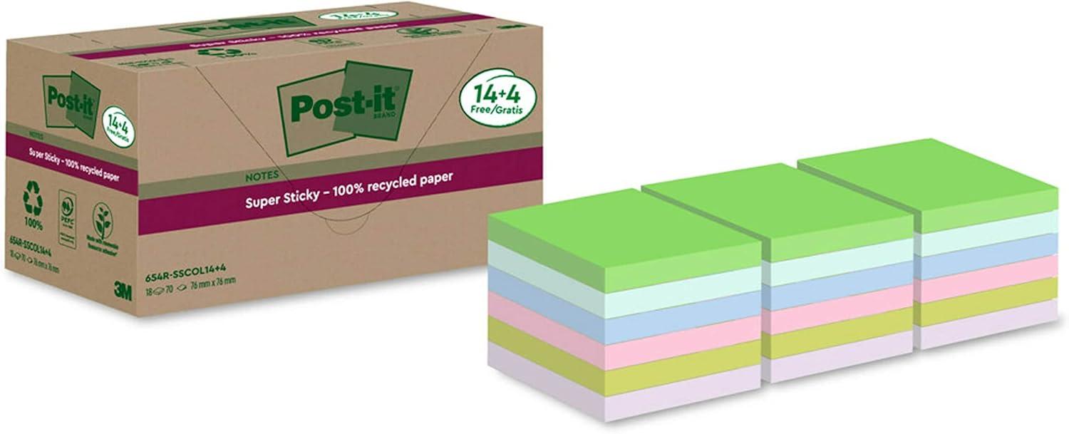 imagePostit Notes Autocollantes Super Sticky Recycls 14 Blocs 4 GRATUITS 70 Feuilles par Bloc 76 mm x 76 mm Notes Autocollantes Fabriques partir de Papier 100 Recyclcoloris assortis