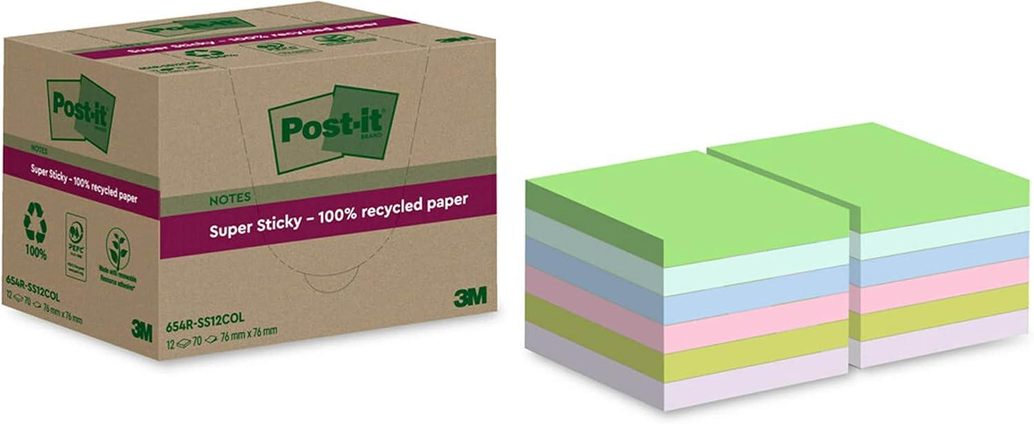 imagePostit Notes Autocollantes Super Sticky Recycls Pack de 12 Blocs 70 Feuilles par Bloc 76 mm x 76 mm Notes Autocollantes Fabriques partir de Papier 100 Recycl