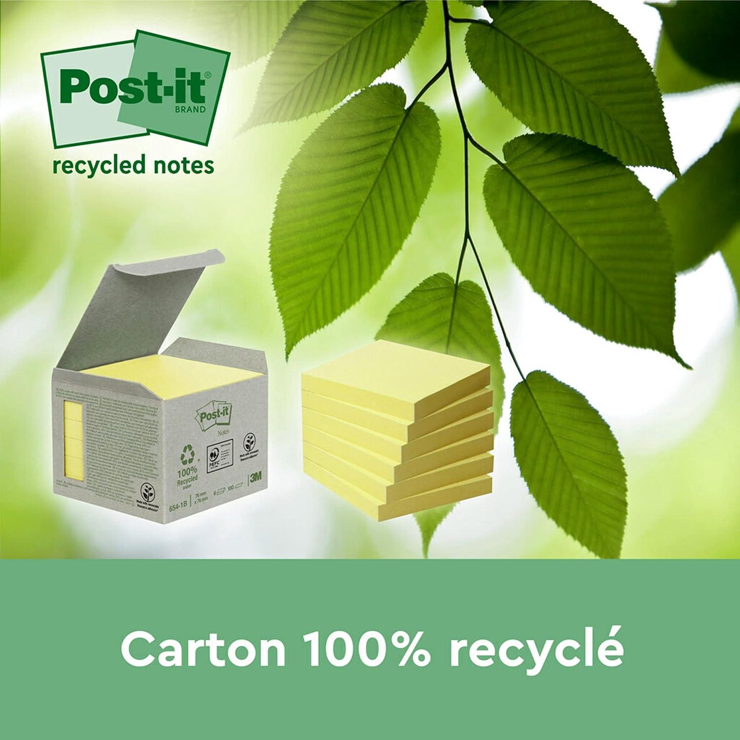 imagePostit Notes Autocollantes Super Sticky Recycls Pack de 3 Blocs 70 Feuilles par Bloc 476 mm x 476 mm Jaune Canari Notes Autocollantes Fabriques partir de Papier 100 Recycl