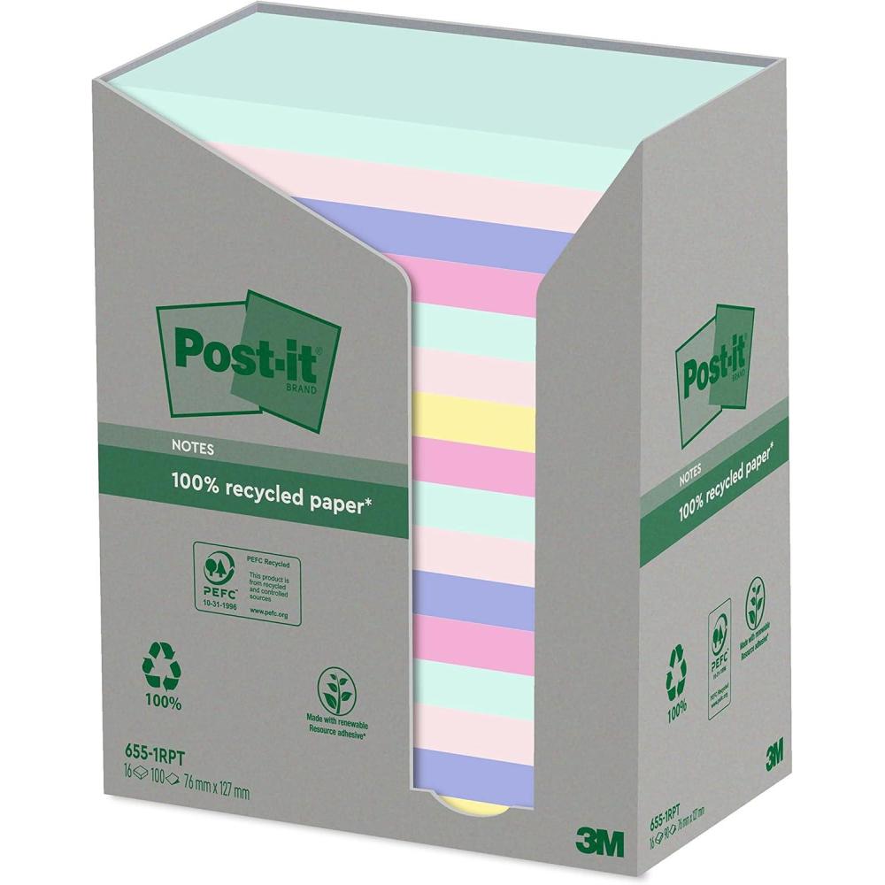 imagePostit Notes Autocollantes Recycls Pack de 16 Blocs 100 Feuilles par Bloc 76 mm x 127 Vert Rose Bleu Jaune Notes Autocollantes Fabriques partir de Papier 100 Recycl
