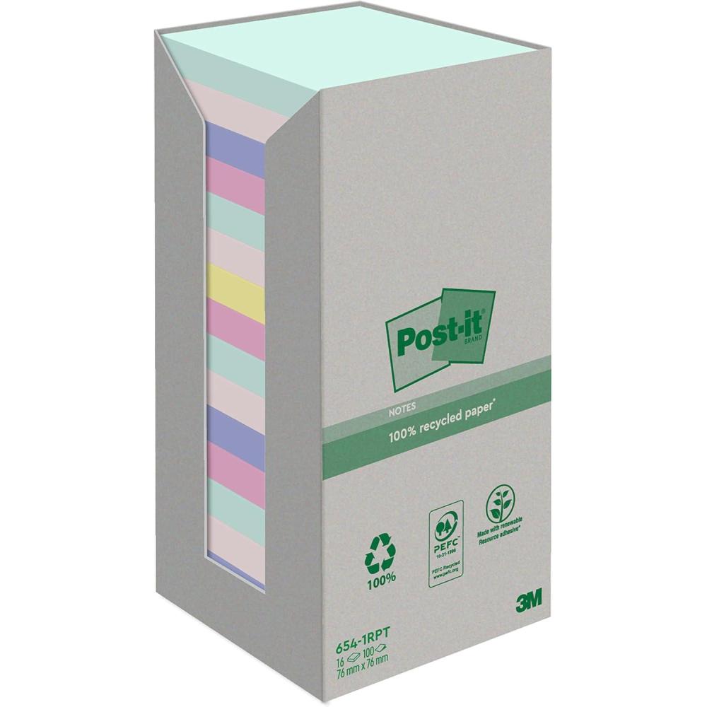 imagePostit Notes Autocollantes Recycls Pack de 16 Blocs 100 Feuilles par Bloc 76 mm x 76 mm Notes Autocollantes Fabriques partir de Papier 100 Recycl