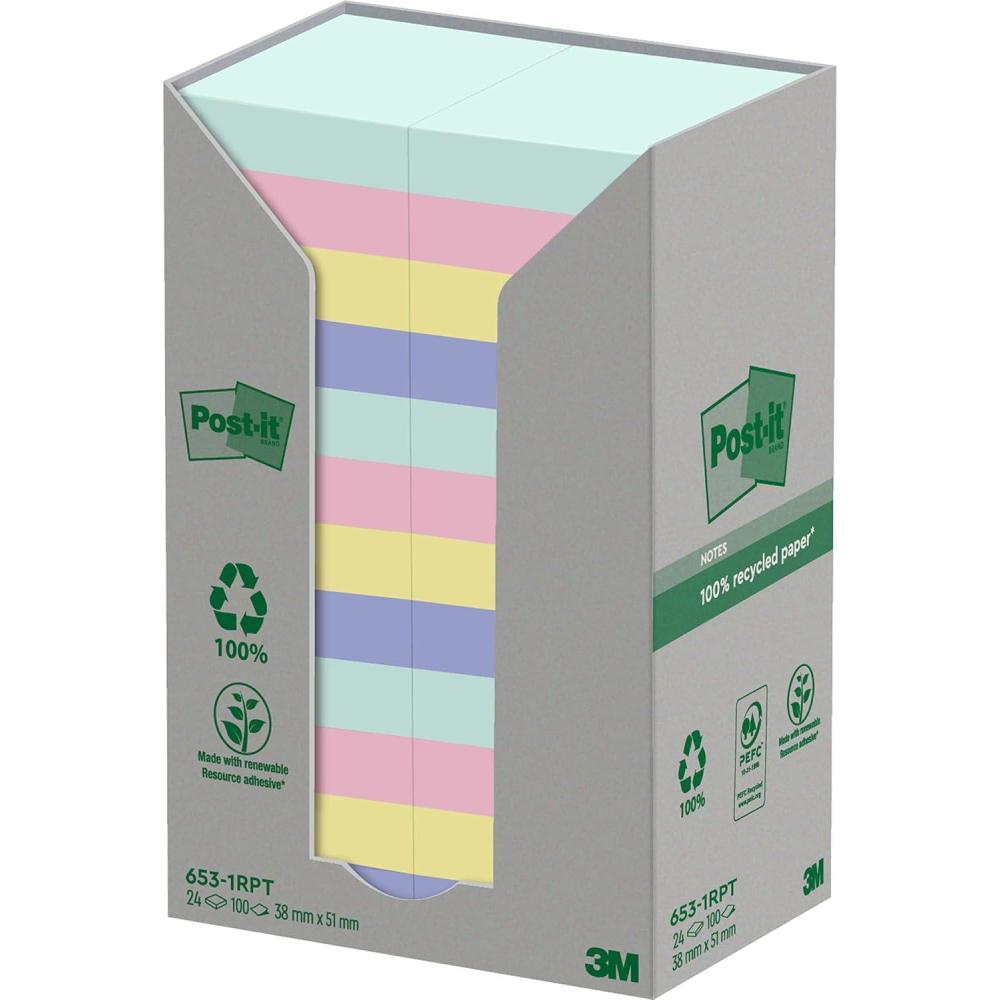 imagePostit Notes Autocollantes Recycls Pack de 24 Blocs 100 Feuilles par Bloc 38 mm x 51 mm Vert Rose Jaune Bleu Notes Autocollantes Fabriques partir de Papier 100 Recycl