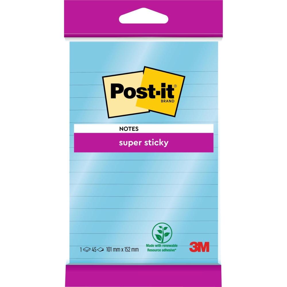 imagePostit Notes Autocollantes Super Sticky Grand Format Bleu Lignes 1 Bloc 45 Feuilles 102 mm x 152 mm Feuillets Super Adhsifs pour Prise de Notes Listes de Tches et RappelsBleu