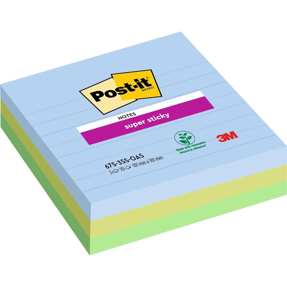 imagePostit Notes Autocollantes Super Sticky Grand Format XL Lignes Pack de 3 Blocs 101 mm x 101 mm 70 Feuilles par Bloc Feuillets Super Adhsifs pour Prise de Notes Listes de Tches et Rappels