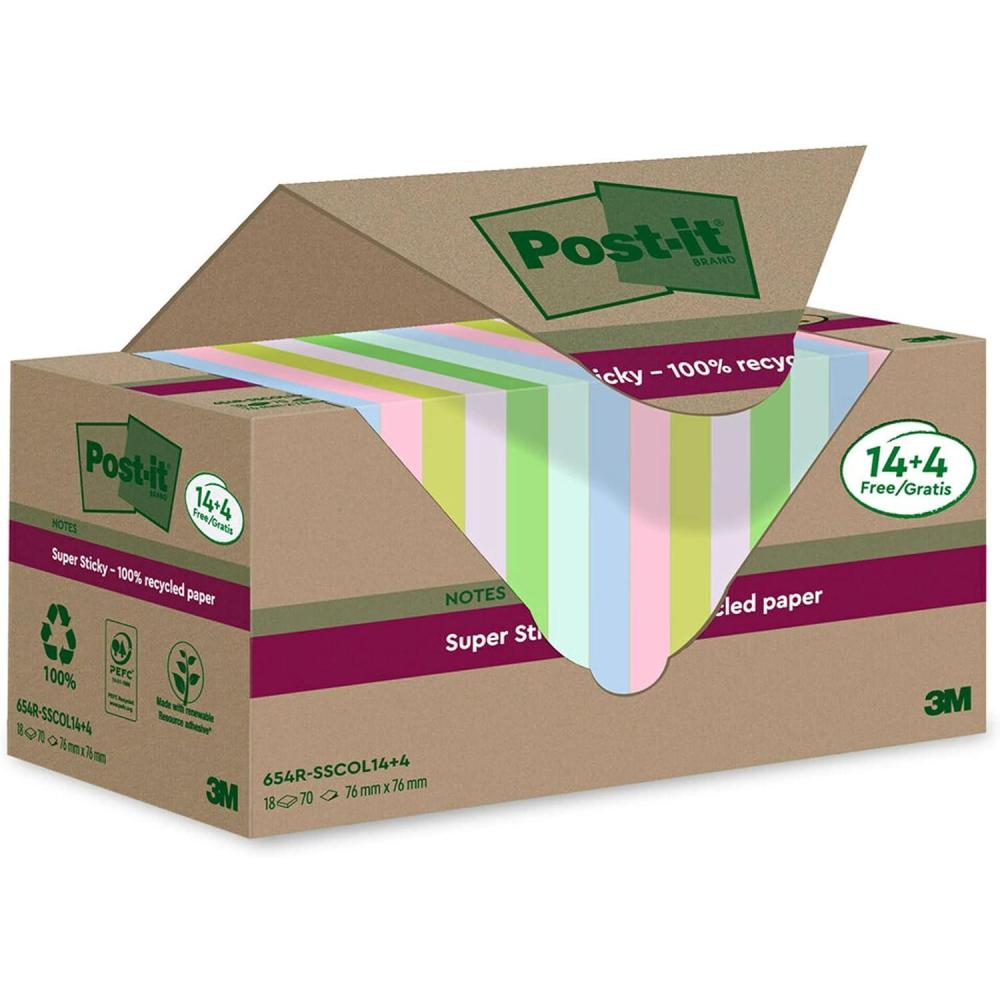 imagePostit Notes Autocollantes Super Sticky Recycls 14 Blocs 4 GRATUITS 70 Feuilles par Bloc 76 mm x 76 mm Notes Autocollantes Fabriques partir de Papier 100 Recyclcoloris assortis