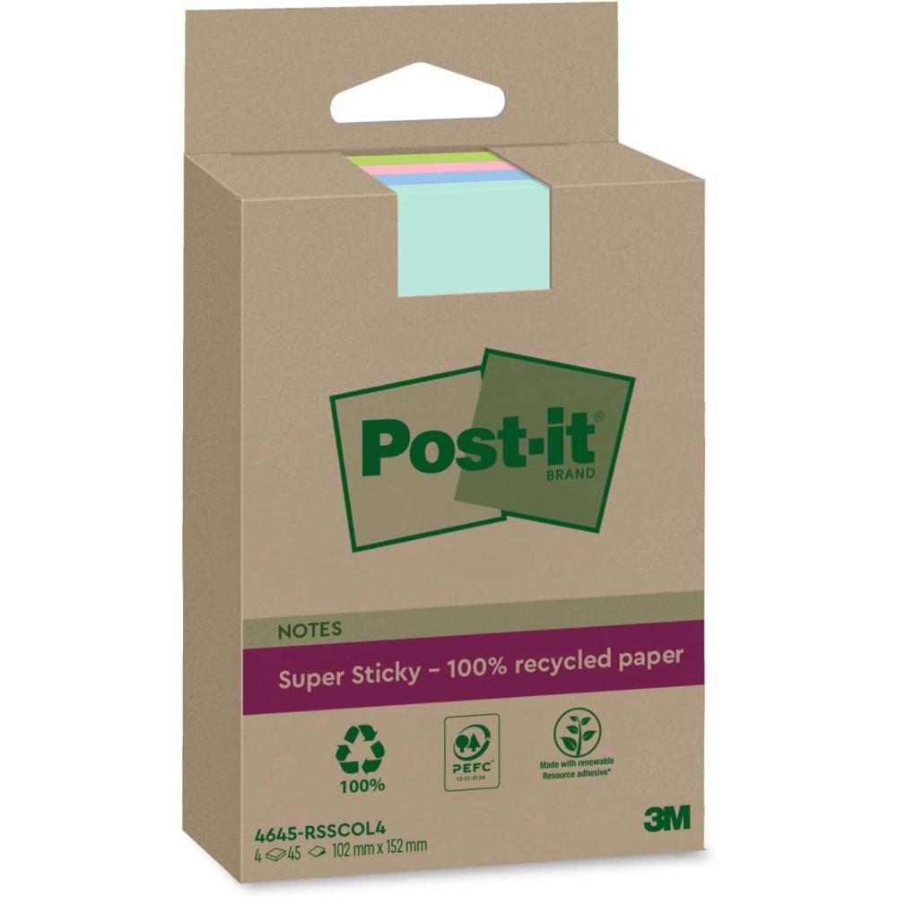 imagePostit Notes Autocollantes Super Sticky Recycls Grand Format XXL Pack de 4 Blocs 45 Feuilles par Bloc 102 mm x 152 mm Notes Autocollantes Fabriques partir de Papier 100 Recycl