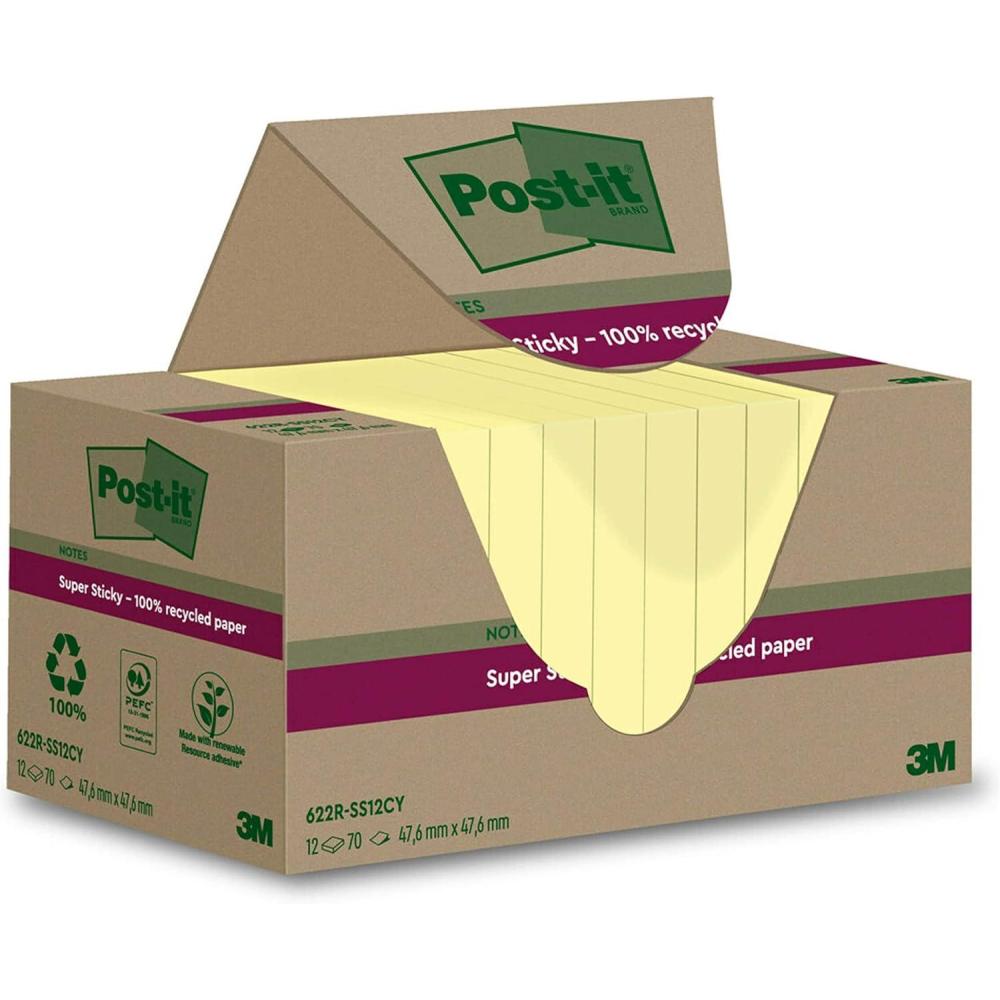 imagePostit Notes Autocollantes Super Sticky Recycls Jaune Canari Pack de 12 Blocs 70 Feuilles par Bloc 476 mm x 476 mm Notes Autocollantes Fabriques partir de Papier 100 Recycl