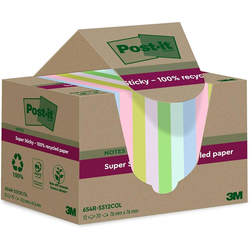 imagePostit Notes Autocollantes Super Sticky Recycls Pack de 12 Blocs 70 Feuilles par Bloc 76 mm x 76 mm Notes Autocollantes Fabriques partir de Papier 100 Recycl