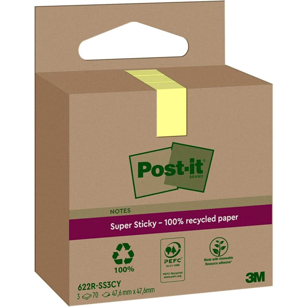 imagePostit Notes Autocollantes Super Sticky Recycls Pack de 3 Blocs 70 Feuilles par Bloc 476 mm x 476 mm Jaune Canari Notes Autocollantes Fabriques partir de Papier 100 Recycl