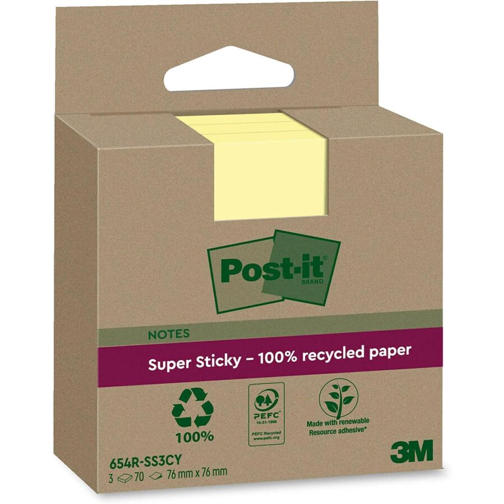 imagePostit Notes Autocollantes Super Sticky Recycls Pack de 3 Blocs 70 Feuilles par Bloc 76 mm x 76 mm Jaune Canari Notes Autocollantes Fabriques partir de Papier 100 Recycl