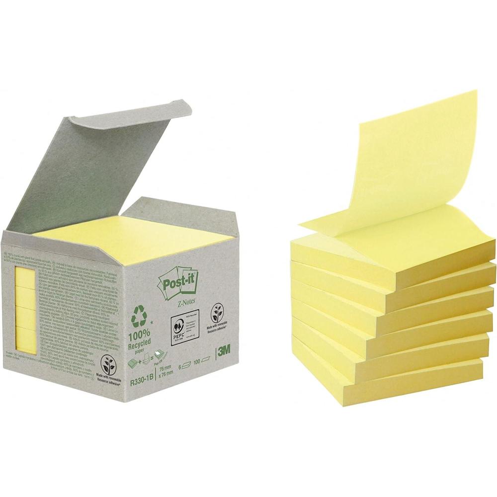 imagePostit ZNotes Autocollantes Recycls Pack de 6 Blocs 76 mm x 76 mm 100 Feuilles par Bloc Jaune Canari Notes Autocollantes Fabriques partir de Papier 100 RecyclSimple