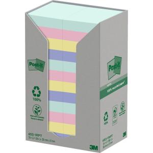 Post-it Notes Autocollantes, Recyclés, Pack de 24 Blocs, 100 Feuilles par Bloc, 38 mm x 51 mm, Vert, Rose, Jaune, Bleu – Notes Autocollantes Fabriquées à partir de Papier 100% Recyclé