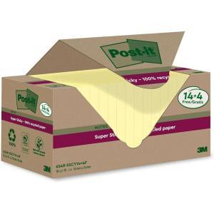 Post-it Notes Autocollantes Super Sticky, Recyclés, Pack Promo de 14 Blocs + 4 GRATUITS, 70 Feuilles par Bloc, 76 mm x 76 mm, Jaune – Notes Autocollantes Fabriquées à partir de Papier 100% Recyclé