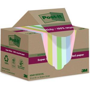 Post-it Notes Autocollantes Super Sticky, Recyclés, Pack de 12 Blocs, 70 Feuilles par Bloc, 76 mm x 76 mm – Notes Autocollantes Fabriquées à partir de Papier 100% Recyclé