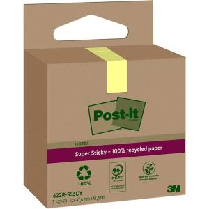 Post-it Notes Autocollantes Super Sticky, Recyclés, Pack de 3 Blocs, 70 Feuilles par Bloc, 47.6 mm x 47.6 mm, Jaune Canari – Notes Autocollantes Fabriquées à partir de Papier 100% Recyclé
