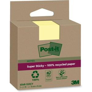 Post-it Notes Autocollantes Super Sticky, Recyclés, Pack de 3 Blocs, 70 Feuilles par Bloc, 76 mm x 76 mm, Jaune Canari – Notes Autocollantes Fabriquées à partir de Papier 100% Recyclé