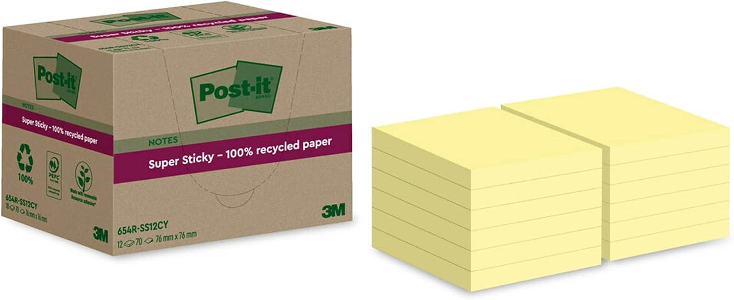 imagePostit Notes Autocollantes Super Sticky Recycls Pack de 12 Blocs 70 Feuilles par Bloc 76 mm x 76 mm Jaune Canari Notes Autocollantes Fabriques partir de Papier 100 Recycl