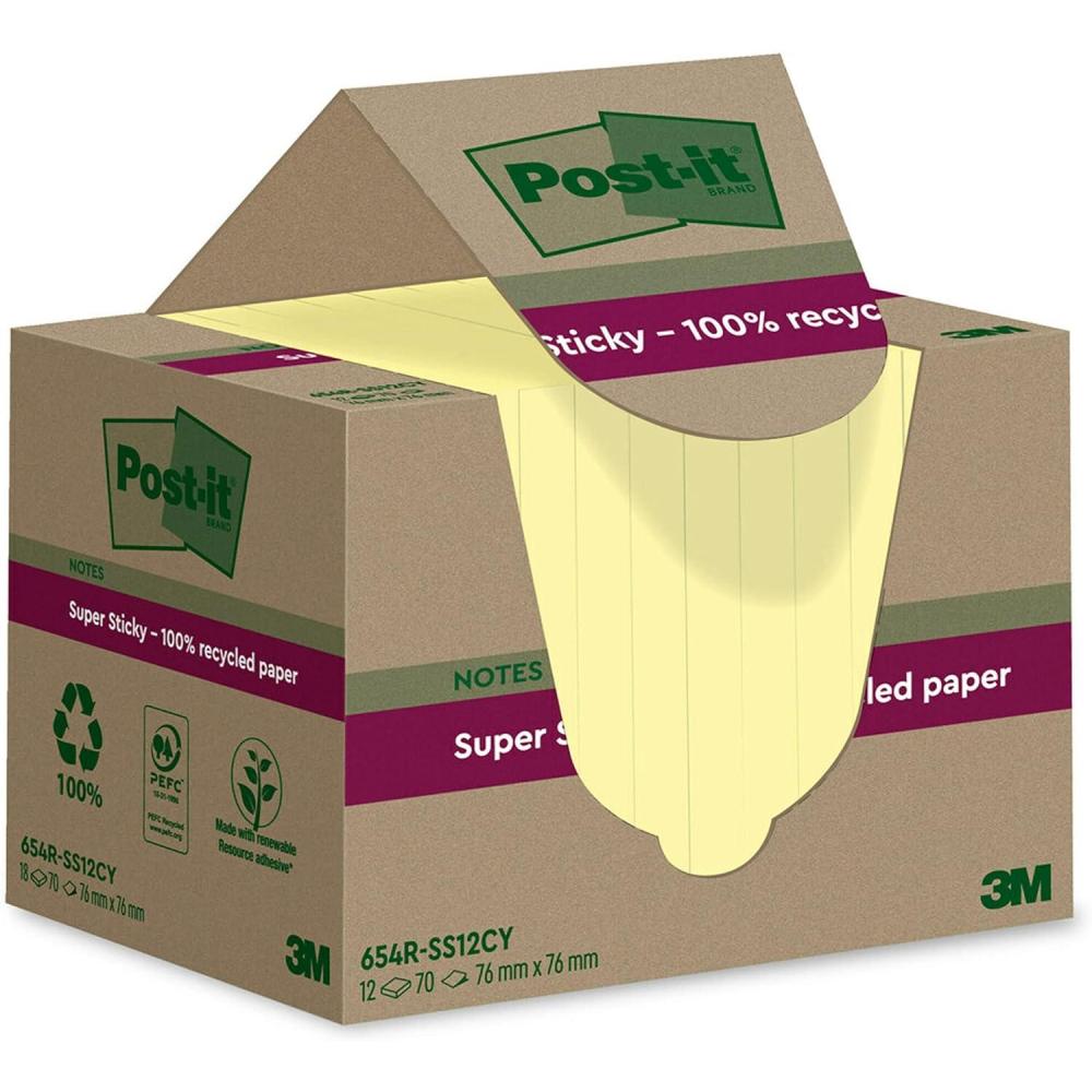 imagePostit Notes Autocollantes Super Sticky Recycls Pack de 12 Blocs 70 Feuilles par Bloc 76 mm x 76 mm Jaune Canari Notes Autocollantes Fabriques partir de Papier 100 Recycl