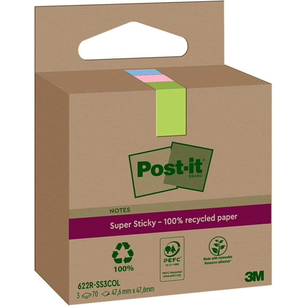 imagePostit Notes Autocollantes Super Sticky Recycls Pack de 3 Blocs 70 Feuilles par Bloc 476 mm x 476 mm Rose Vert Bleu Notes Autocollantes Fabriques partir de Papier 100 RecyclUnit