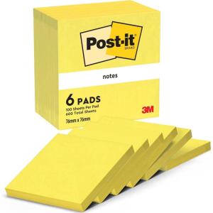 Post-it Notes Autocollantes, Couleur Vert Néon, 76 mm x 76 mm, 100 Feuilles par Bloc, 6 Blocs – Feuillets Adhésifs pour Prise de Notes, Listes de Tâches et Rappels(Jaune)