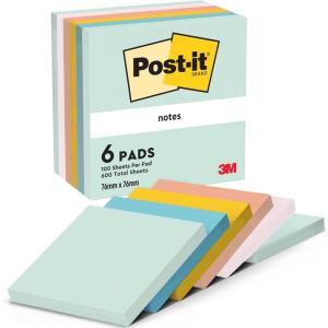 Post-it Notes Autocollantes, Couleurs Beach, Pack de 6 Blocs, 100 Feuilles par Bloc, 76 mm x 76 mm – Feuillets Adhésifs pour Prise de Notes, Listes de Tâches et Rappels