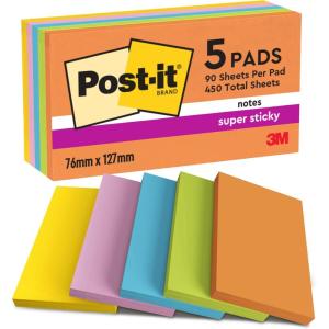Post-it Notes Autocollantes Super Sticky, Couleurs Boost, Pack de 5 Blocs, 90 Feuilles par Bloc, 76 mm x 127 mm – Feuillets Super Adhésifs pour Prise de Notes, Listes de Tâches et Rappels(Bleu)