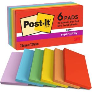 Post-it Notes Autocollantes Super Sticky, Couleurs Playful, Pack de 6 Blocs, 90 Feuilles par Bloc, 76 mm x 127 mm – Feuillets Super Adhésifs pour Prise de Notes, Listes de Tâches et Rappels(Simple)