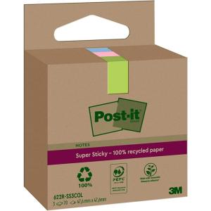 Post-it Notes Autocollantes Super Sticky, Recyclés, Pack de 3 Blocs, 70 Feuilles par Bloc, 47.6 mm x 47.6 mm, Rose, Vert, Bleu – Notes Autocollantes Fabriquées à partir de Papier 100% Recyclé(Unité)