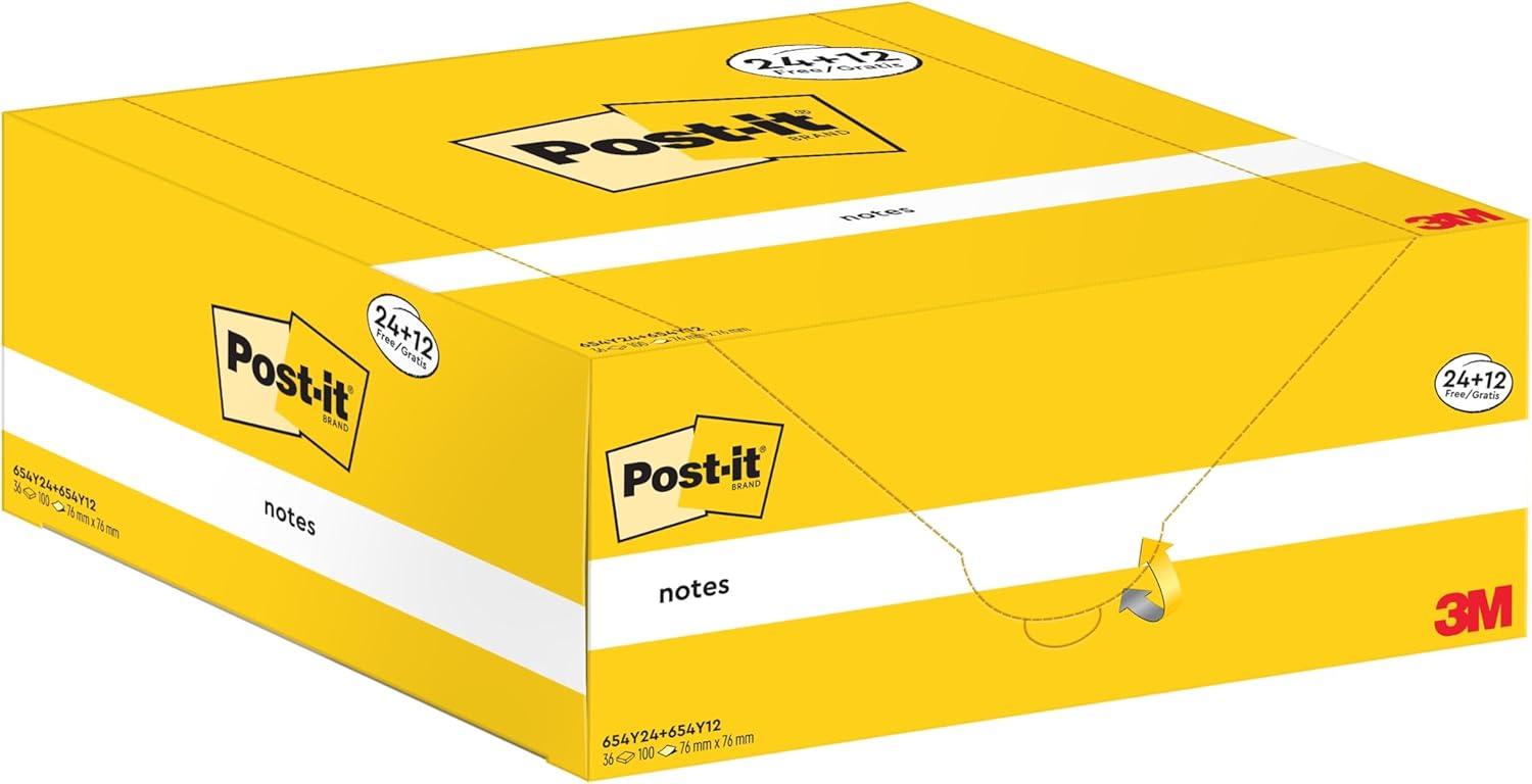 imagePostit Notes Autocollantes Pack Promo de 24 Blocs 12 GRATUITS 100 Feuilles par Bloc 76 mm x 76 mm Jaune Pastel Feuillets Adhsifs pour Prise de Notes Listes de Tches et Rappels156 x 182 mm