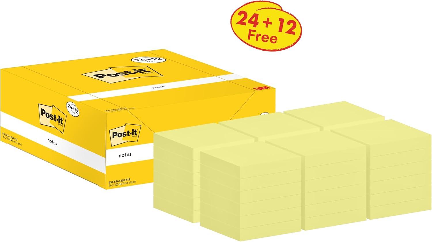 imagePostit Notes Autocollantes Pack Promo de 24 Blocs 12 GRATUITS 100 Feuilles par Bloc 76 mm x 76 mm Jaune Pastel Feuillets Adhsifs pour Prise de Notes Listes de Tches et Rappels156 x 182 mm