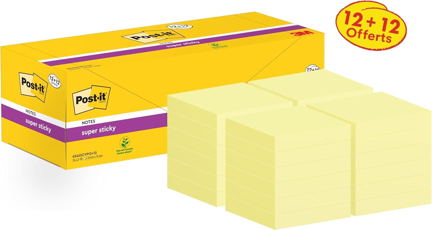 imagePostit Notes Autocollantes Super Sticky 12 Blocs 12 GRATUITS 90 Feuilles par Bloc 76 mm x 76 mm Jaune Pastel Feuillets Super Adhsifs pour Prise de Notes Listes de Tches et Rappels