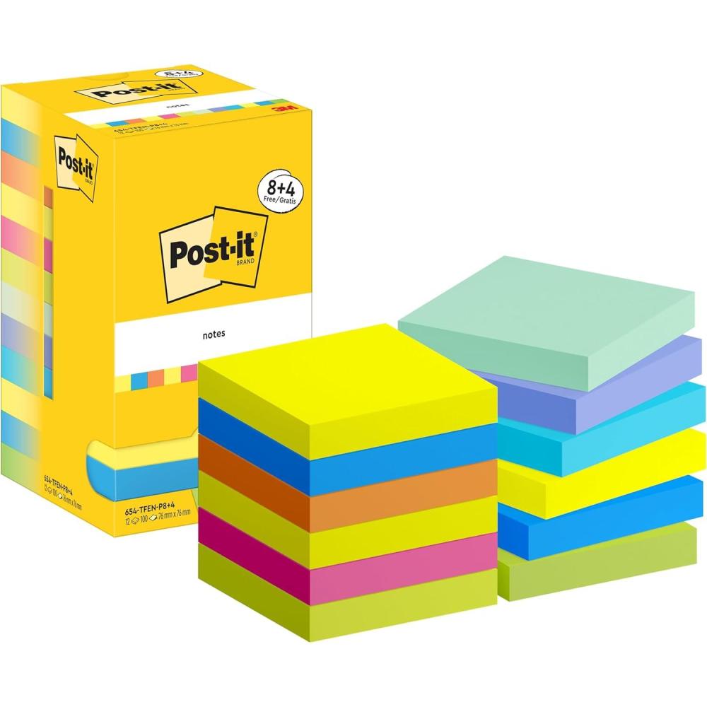 imagePostit Notes Autocollantes Couleurs Energetic Pack de 8 Blocs 4 GRATUITS 100 Feuilles par Bloc 76 mm x 76 mm Feuillets Adhsifs pour Prise de Notes Listes de Tches et Rappels