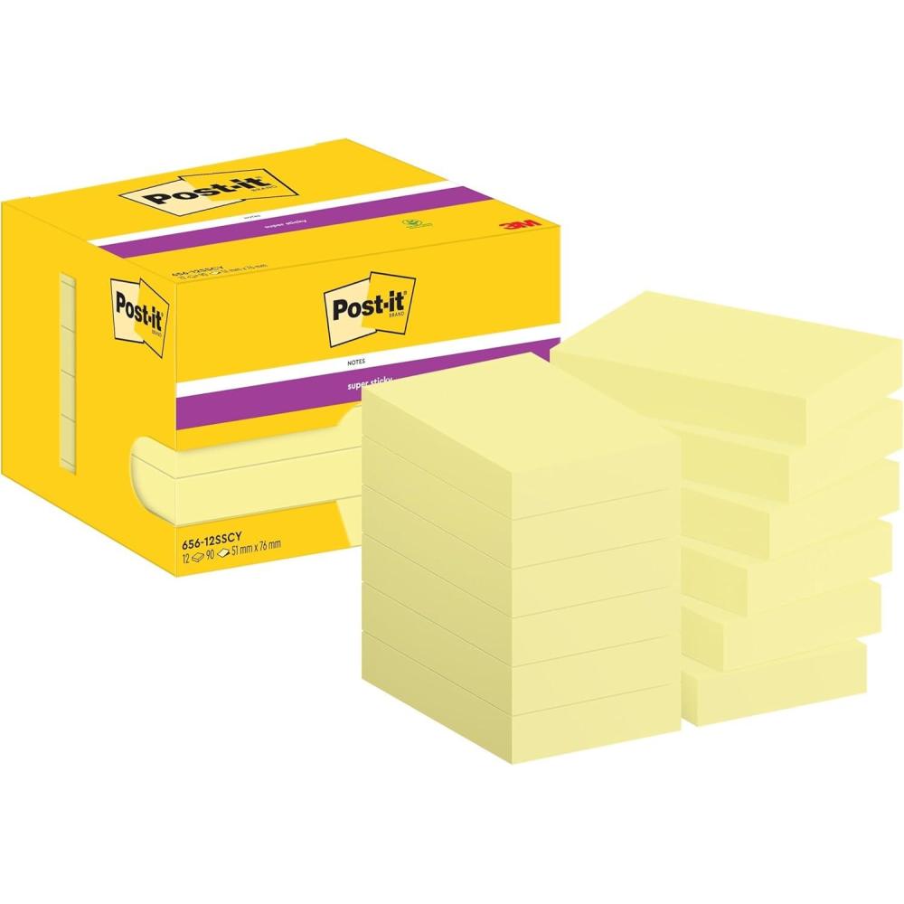 imagePostit Notes Autocollantes Super Sticky Pack Promo 12 Blocs 90 Feuilles par Bloc 51 mm x 76 mm Jaune Pastel Feuillets Super Adhsifs pour Prise de Notes Listes de Tches et Rappels