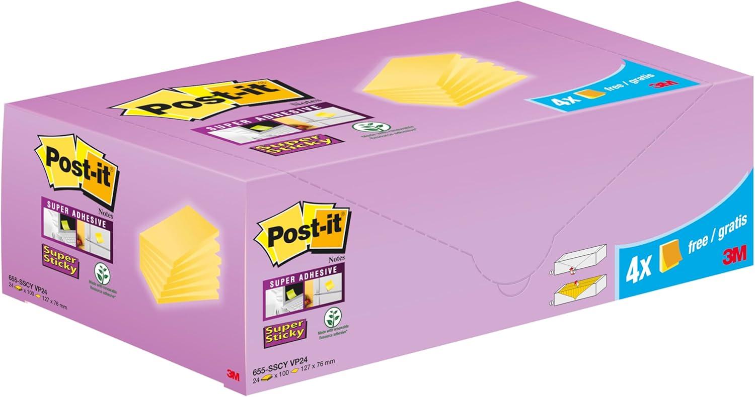 imagePostit Notes Autocollantes Super Sticky Jaune Canari Pack de 24 Blocs 90 Feuilles par Bloc 76 mm x 127 mm Feuillets Super Adhsifs pour Prise de Notes Listes de Tches et Rappels