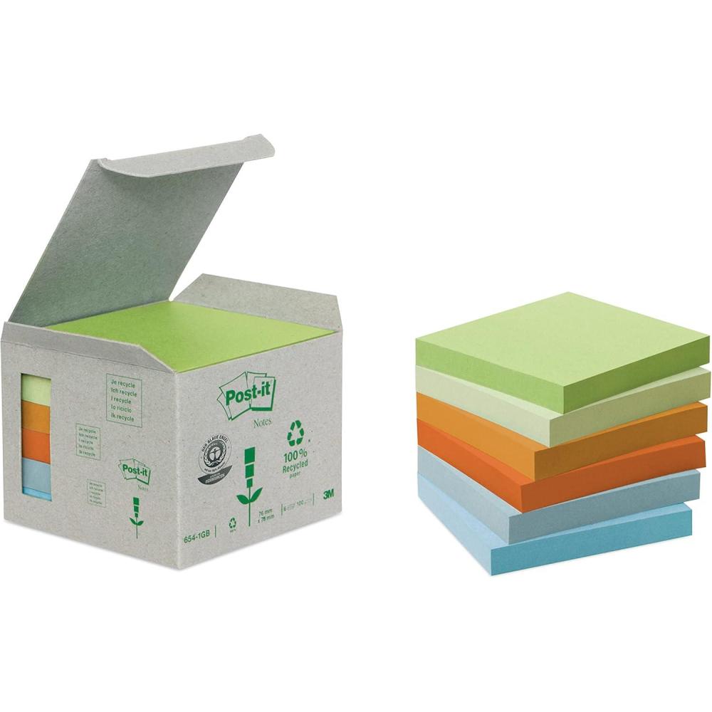 imagePostit Notes Autocollantes Recycls Pack de 6 Blocs 100 Feuilles par Bloc 76 mm x 76 mm Jaune Pastel Notes Autocollantes Fabriques partir de Papier 100 RecyclPastel Assorties