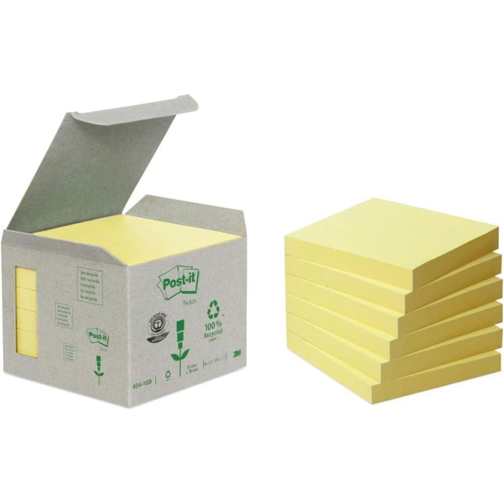 imagePostit Notes Autocollantes Recycls Pack de 6 Blocs 100 Feuilles par Bloc 76 mm x 76 mm Jaune Pastel Notes Autocollantes Fabriques partir de Papier 100 RecyclJaune