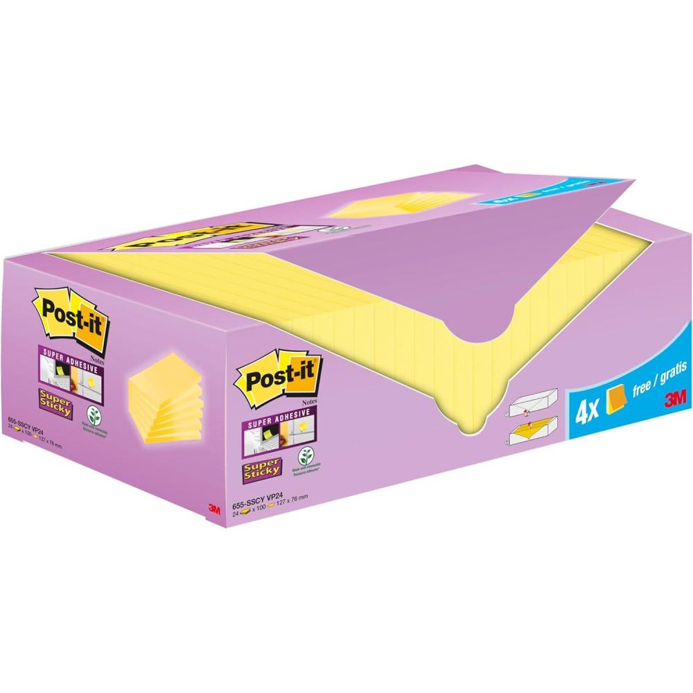 imagePostit Notes Autocollantes Super Sticky Jaune Canari Pack de 24 Blocs 90 Feuilles par Bloc 76 mm x 127 mm Feuillets Super Adhsifs pour Prise de Notes Listes de Tches et Rappels