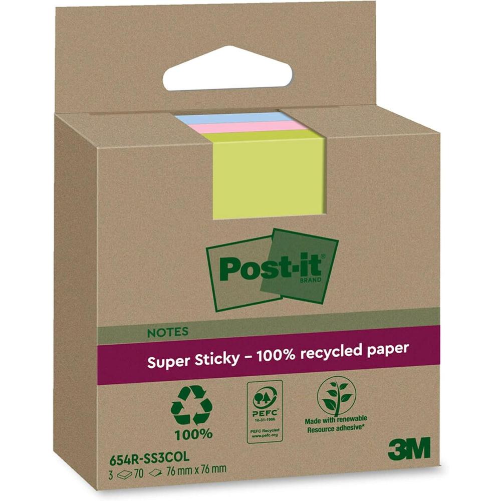 imagePostit Notes Autocollantes Super Sticky Recycls Pack de 3 Blocs 70 Feuilles par Bloc 76 mm x 76 mm Rose Vert Bleu Notes Autocollantes Fabriques partir de Papier 100 Recyclcoloris assortis